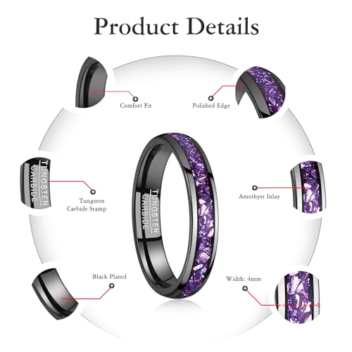 NUNCAD Black Tungsten Ring, Men's Wedding Rings with Blue/Amethyst/Galaxy Opal Ring 4mm 8mm Engagement Promise Ring Comfort Fit Size 5-12 - color: Amethyst & 4mm