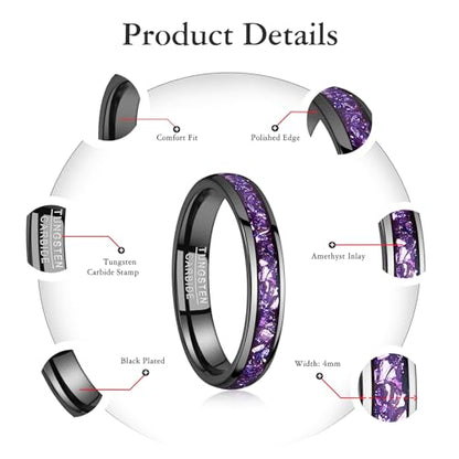 NUNCAD Black Tungsten Ring, Men's Wedding Rings with Blue/Amethyst/Galaxy Opal Ring 4mm 8mm Engagement Promise Ring Comfort Fit Size 5-12 - color: Amethyst & 4mm