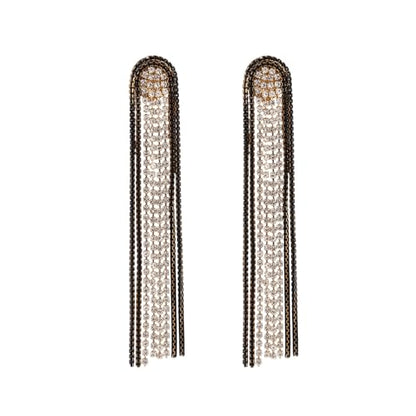 Fringe Dangling Tassel Earrings for Women, Handcrafted Chandelier Long Bohemian Beaded Cubic Zirconia Crystal Imitation Pearls Inlay Statement Boho Chain Hook Earrings for Wedding Party - color: Gold Black Clear Crystal