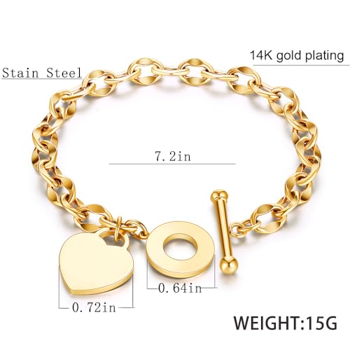 kelistom 316L Stainless Steel Love Heart Charm Bracelet for Women Romantic Gift Silver/Rose/18k Gold Plated OT Clasp Bracelets - color: heart polished-gold