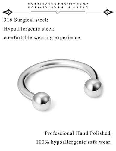 16G Septum Rings Surgical Steel Nose Septum Horseshoe Hoop Earring Eyebrow Tragus Helix Lip Piercing Jewelry Nipple Rings for Women Men 6mm 8mm 10mm 12mm 14mm 16mm - color: silvertone,ball+spike