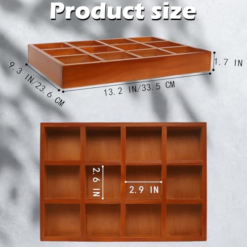 2 Pack Wooden Jewelry Drawer Organizer Trays - 12 Grid Low Profile Divider Inserts for Earrings, Rings, Bracelets & Bangles - 13.2" x 9.3" Wood Display Storage Box Fits Vanity Dresser Drawers