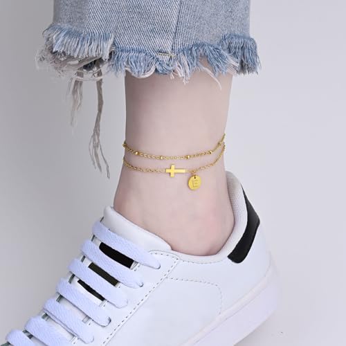 Gold Cross Ankle Bracelets for Women | Anklets for Women Waterproof with Initial Charm (A-Z) | Non Tarnish Summer Beach Jewelry Gifts for Her - color: Gold E