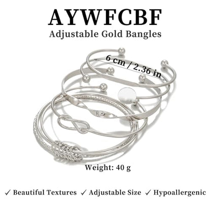 Gold Bangles for Women, 12 Pcs Boho Stackable Bracelets Multi Layer Textured Chunky Bracelets Jewelry Set for Women - color: 5 pcs silver bangles