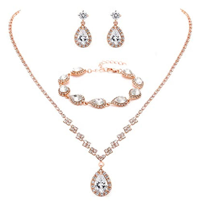 Unicra Bride Crystal Necklace Earrings Set Bridal Wedding Jewelry Sets Rhinestone Choker Necklace Prom Costume Jewelry Set for Women and Brides - color: D-3 Pack Rose Gold Necklace Bracelet Earrings