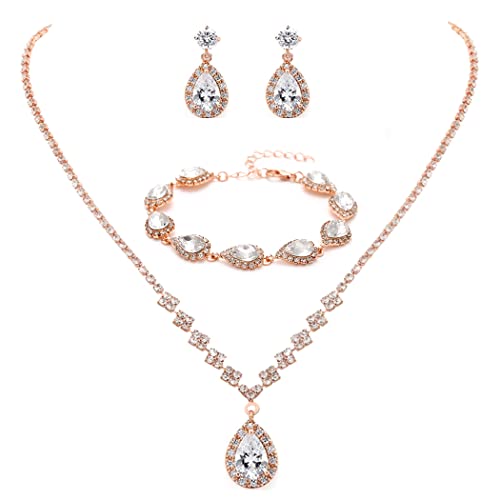 Unicra Bride Crystal Necklace Earrings Set Bridal Wedding Jewelry Sets Rhinestone Choker Necklace Prom Costume Jewelry Set for Women and Brides - color: D-3 Pack Rose Gold Necklace Bracelet Earrings