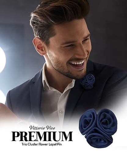Premium Trio Cluster Flower Lapel Pin - Formal Boutonniere for Men, Flower Brooch Pin - color: Navy