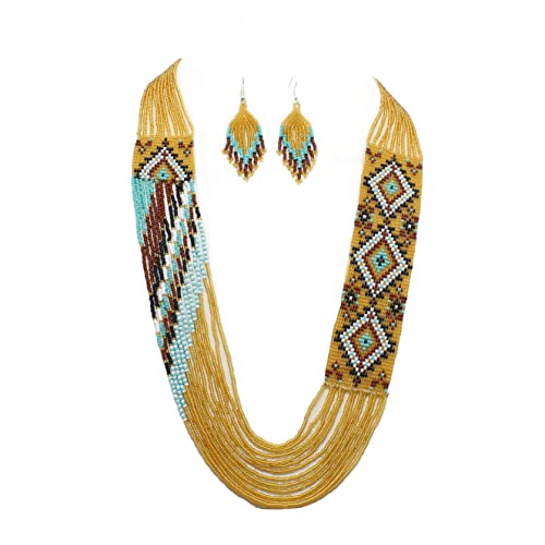 Handmade Beaded Indian Necklace,Inspired by Native American Style Long Necklace Earrings Set,One of a Kind beaded Necklace for Women,Perfect for Occasions, Gifts - color: Golden Brown