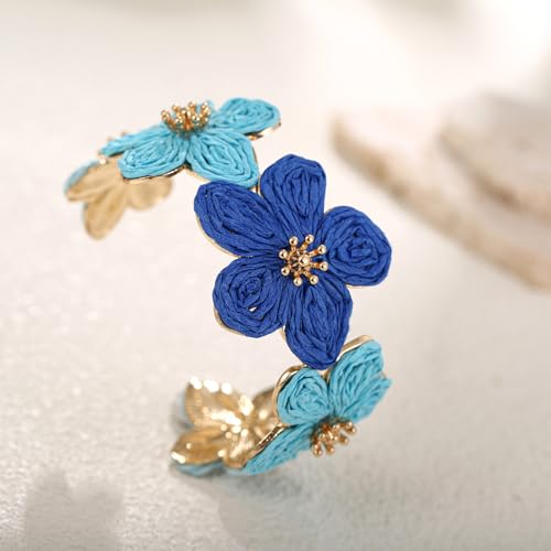 RUOFFETA Raffia Flower Cuff Bracelet for Women, Floral Chunky Bangle Wide Open Cuff Statement Bracelet - color: Blue Ombre