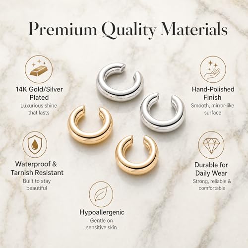 2 Pairs Chunky Ear Cuff Earrings Non Piercing for Women | Gold & Silver Thick Round Lightweight Minimalist Ear Cuffs Fashion Jewelry
