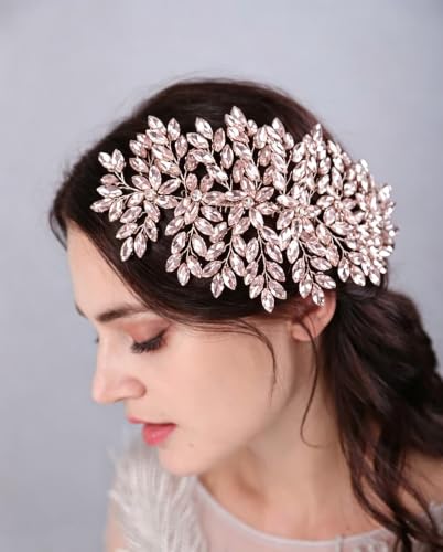 Bridal Rhinestone Hair Comb Large Rhienstone Wedding Headpiece Handmade Crystal Hair Comb for Bride Wedding Hair Accessories for Women (pink) - color: pink