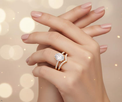 MDFUN 18K Gold Plated Promise Eternity Ring for Women, 7 * 9mm Oval Cubic Zirconia Two-in-One Rings Wedding Band Engagement - color: Gold