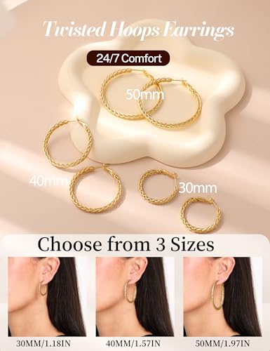 3MM Wide Silver Hoop Earrings for Women Hypoallergenic 925 Sterling Silver Post Hoop Earrings Lightweight Large Big Twisted Silver Hoop Earrings for Everyday Wear 30MM/40MM/50MM - color: 40MM Gold