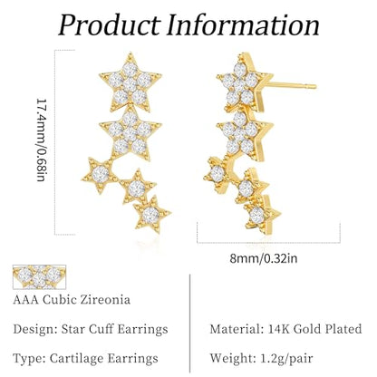 Star 14K Gold Plated Ear Cuff Earrings for Women Non Piercing, Dainty Silver Plated Clip on Cartilage Ear Cuff Non Pierced Trendy CZ Northstar Starburst Sparkling Climber Clawer Earring Jewelry - style: Cluster-2