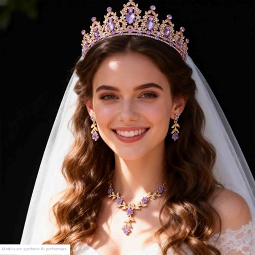 Kamirola Tiaras and Crowns for Women,Tiaras Earrings Necklace, Crystal Bridal Jewelry Set, Costume Party Halloween Prom Pageant Jewelry for Women(TR45) - color: Gold Purple