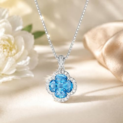 Green/Blue Zircon 4-Leaf Clover Jewelry Set – Necklace, Ring, Earrings – Women's Wedding & Evening Gift for Wife, Girlfriend, Mother – Comes with Gift Box - color: Blue Necklace