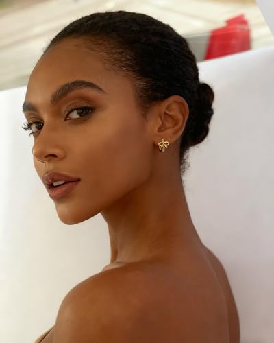 Gold Opal Huggie Earrings for Women, Minimalist Small Hoop Earrings with Zircons - color: gold bow