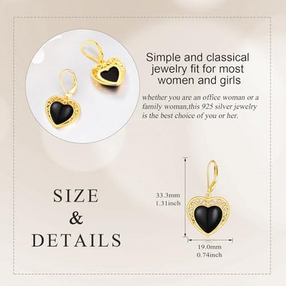 Sterling Silver Black Onyx Earrings for Women 18K Yellow Gold Plated Jewelry Gifts - style: Filigree Heart