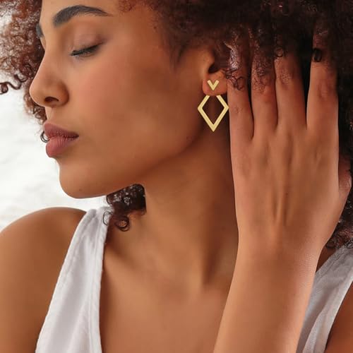 V Shaped Earrings for Women Geometric Ear Jacket Earrings Front & Back Stud Earrings Simple Hypoallergenic 18K Gold Plated Jewelry Gift for Women