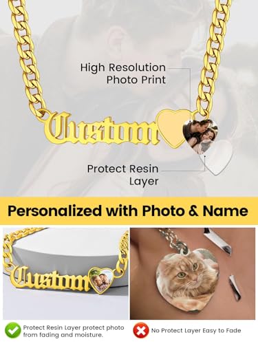 GoldChic JEWELRY Name Necklace Personalized for Men, Womens Custom Name Plate Chain, Stainless Steel Customized Old English Nameplate Choker with Curb Chains Custom, 16 inches to 30 inches - color: Photo & Cuban Chain 6 mm -Gold