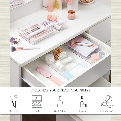 STORi SimpleSort 3-Piece Stackable Clear Drawer Organizer, 12" x 6" x 2" | Rectangle Trays, Wide Makeup Vanity Storage Bins, Office Desk Drawer Dividers, Made in USA - size: 12x6x2"