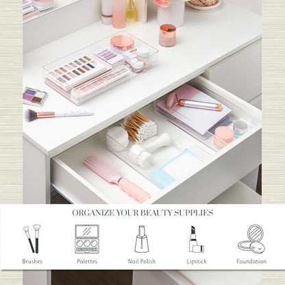 STORi SimpleSort 3-Piece Stackable Clear Drawer Organizer, 12" x 6" x 2" | Rectangle Trays, Wide Makeup Vanity Storage Bins, Office Desk Drawer Dividers, Made in USA - size: 12x6x2"