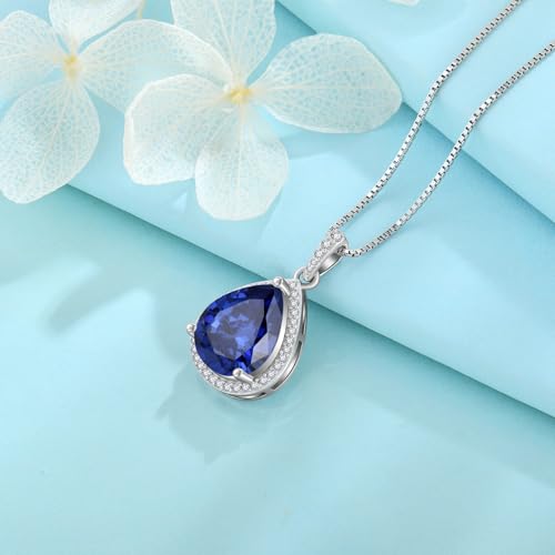 FJ Teardrop Pendant Necklace 925 Sterling Silver Birthstone Jewelry for Women - color: 12 December-Tanzanite