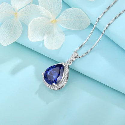 FJ Teardrop Pendant Necklace 925 Sterling Silver Birthstone Jewelry for Women - color: 12 December-Tanzanite