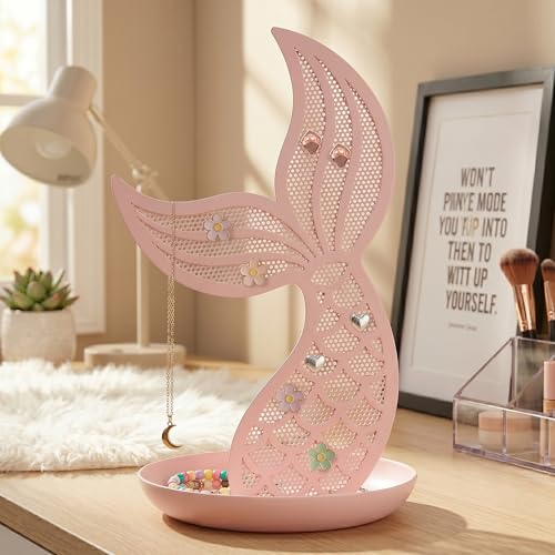 Earring Holder Organizer for Girls, Pink Mermaid Tail Metal Earring Stand with Tray for Rings, Bracelets and Necklaces, Cute Vanity Display - color: Pink Mermaid Tail