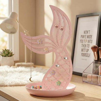 Earring Holder Organizer for Girls, Pink Mermaid Tail Metal Earring Stand with Tray for Rings, Bracelets and Necklaces, Cute Vanity Display - color: Pink Mermaid Tail