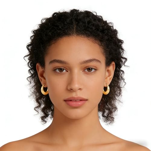 Chunky Gold Hoop Earrings for Women Stainless Steel Cute Fashion Hypoallergenic Earrings Minimalist Jewelry