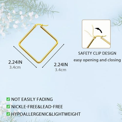 Hoop Earrings for Women - 18K Gold Plated Copper Minimalist Jewelry, Hypoallergenic Lightweight Design Fashion Statement Accessories for Daily Wear & Gifts - size: 34mm