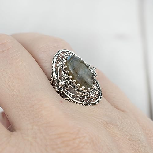 Filigranist 925 Sterling Silver Handcrafted Filigree Art Flower Pattern Woman Oval Statement Ring, Gift Boxed - color: Labradorite