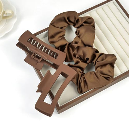 8pcs Hair Claw Clips and Scrunchies Set – Square Hair Clips for Women, Medium Non-Slip Matte, Large Satin Scrunchies, Hair Accessories for Thick Thin Hair, Party, Daily Use – Coffee - color: Mocha Brown Shades