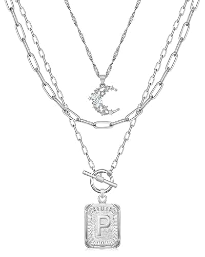MJartoria Layered Initial Necklaces for Women Trendy, 14K Gold Plated Brass Simple Moon Choker Square Letter Pendant Necklace, Paperclip Chain Necklaces Jewelry Gifts - color: Silver, style: P