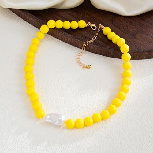 Colorful Faux Baroque Pearl Resin Beaded Choker Necklace Summer Tropical Jewelry for Women - color: Yellow