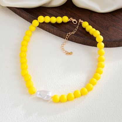 Colorful Faux Baroque Pearl Resin Beaded Choker Necklace Summer Tropical Jewelry for Women - color: Yellow