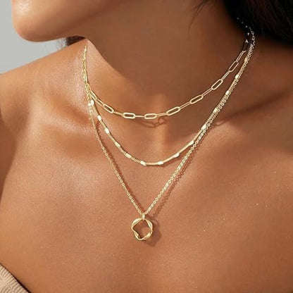 Gold Layered Necklaces for Women Stack Boho Stacking Layering 14K Gold Plated Chain Necklaces Set Cuban Link Herringbone Twist Chain Square Coin Pendant Necklace Jewelry Gifts Trendy Stuff - color: B Gold Layered Circle Neckalce