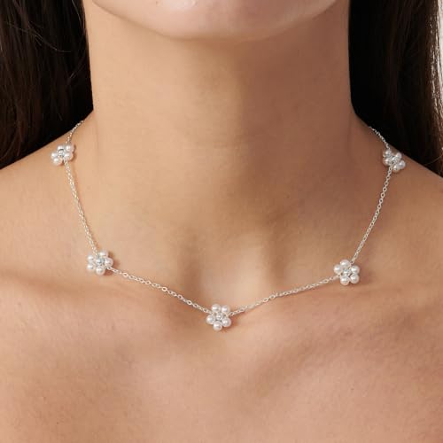 Pearl Necklace for Women- 14K Gold-plated/White Gold-plated Dainty Pearl Necklace for Women - color: Silver daisy flower