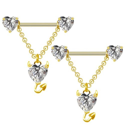 14G Devil Heart Dangle Nipple Rings for Women Girls Stainless Steel Sparkling CZ Love Heart Ball Chain Dangling Nipplerings Nipple Studs Piercing Barbell Body Jewelry - color: Gold