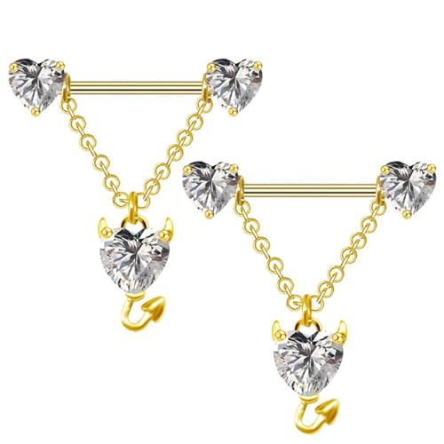 14G Devil Heart Dangle Nipple Rings for Women Girls Stainless Steel Sparkling CZ Love Heart Ball Chain Dangling Nipplerings Nipple Studs Piercing Barbell Body Jewelry - color: Gold