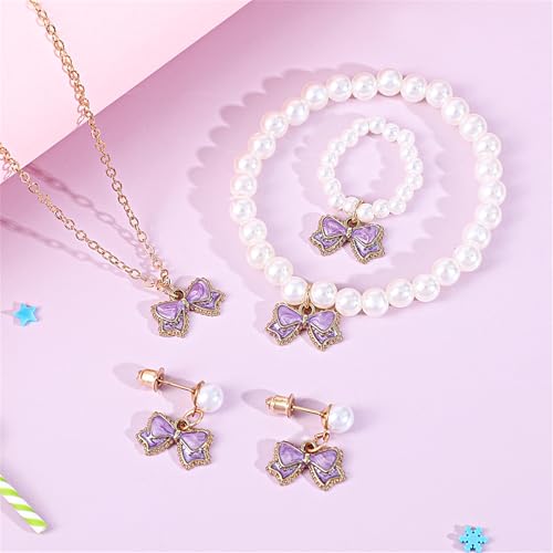MALOYANVE 4PCS Bow Necklace Earrings Bracelet Ring Set for Women Elegant Bowknot - Adorned Pearl Jewelry Silk Ribbon Necklace Bracelet and Earrings for Christmas - style: Purple Bow