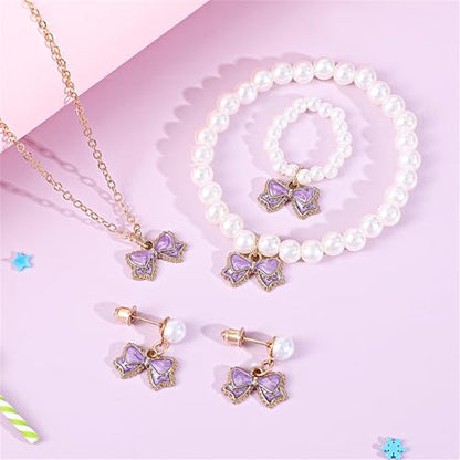 MALOYANVE 4PCS Bow Necklace Earrings Bracelet Ring Set for Women Elegant Bowknot - Adorned Pearl Jewelry Silk Ribbon Necklace Bracelet and Earrings for Christmas - style: Purple Bow