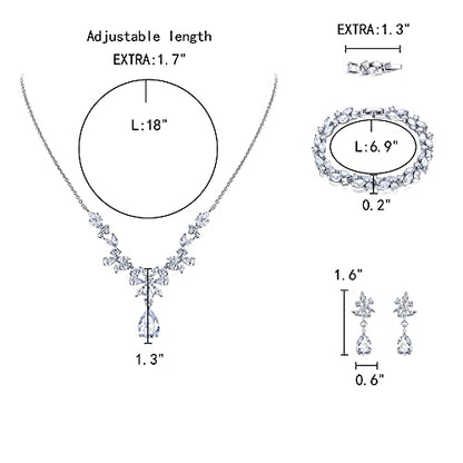 EleQueen Women's Wedding Bridal Jewelry Set for Brides Bridesmaids, Silver/14K Gold/Rose Gold Plated Cubic Zirconia Teardrop Necklace Dangle Earrings Bracelet Sets for Party Prom - color: 01-Silver-Necklace+Earrings+Bracelet