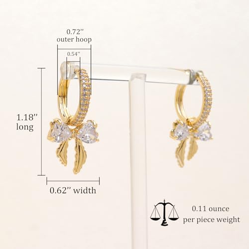 Sonateomber Gold Silver Small Hoop Dangle Earrings for Women, Trendy Dainty Rhinestone CZ Dangling Prom Wedding Leaf Flower Snowflake Butterfly Starfish Fashion Jewelry Gift - color: Gold Bow