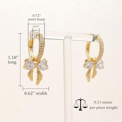 Sonateomber Gold Silver Small Hoop Dangle Earrings for Women, Trendy Dainty Rhinestone CZ Dangling Prom Wedding Leaf Flower Snowflake Butterfly Starfish Fashion Jewelry Gift - color: Gold Bow