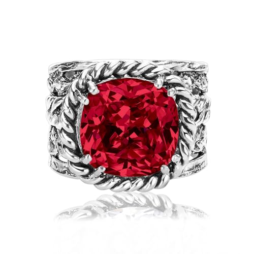 JEAN RACHEL JEWELRY 925 Sterling Silver Braid Leaf Cushion Ring | Ornate statement ring beautifully adorned with sculpted leaf motifs, twisted rope braids, and a CZ center stone. - color: Ruby CZ