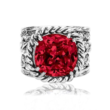 JEAN RACHEL JEWELRY 925 Sterling Silver Braid Leaf Cushion Ring | Ornate statement ring beautifully adorned with sculpted leaf motifs, twisted rope braids, and a CZ center stone. - color: Ruby CZ