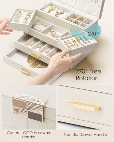 VLANDO Jewelry Box,4-Layer Design with Retractable Tray and 2 Drawers | Separate Necklaces,Rings,Bracelets,Earrings Organizer Areas,Watches Pillow,Birthday Gift,Vanity - color: A.Cloud White, size: 4-Layer