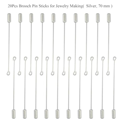20Pcs Brooch Pin Stick for Jewelry Making, Silver Brooch Stick Pin 70 mm Long Lapel Brooch Metal Safety Pin Stick with Stopper Ends Hat Pin for Boutonniere Jewelry Making